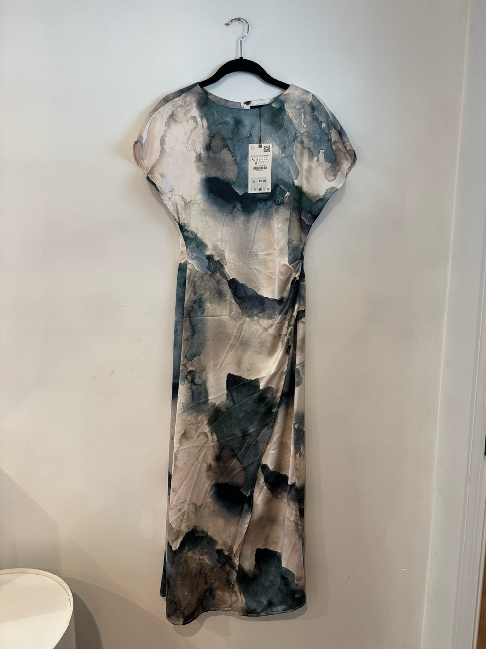 ZARA NEW SS24 MIDI GATHERED TIE-DYE SATIN DRESS SLIT GREENISH 6962/022_XS